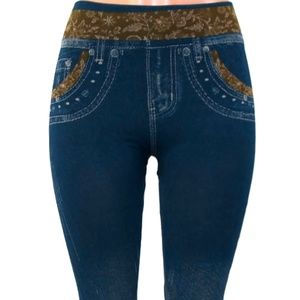 Blue Denim Jegging with Antique Floral Design